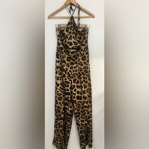 Silky Halter Neck Jumpsuit - Cheetah Print, fabric flare on leg, adjustable neck